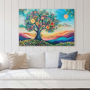 May include: A colorful painting of a tree with flowers in a landscape setting. The tree has a blue trunk and is surrounded by colorful flowers. The background is a blue sky with clouds and a sunset.