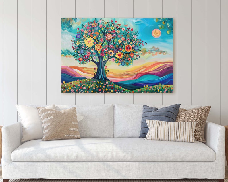 May include: A colorful painting of a tree with flowers in a landscape setting. The tree has a blue trunk and is surrounded by colorful flowers. The background is a blue sky with clouds and a sunset.
