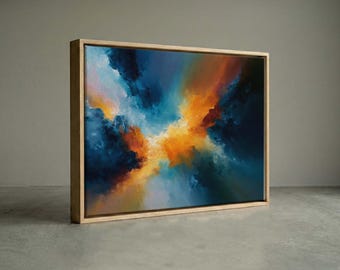 Fiery Cosmic Nebula Canvas Print, Vibrant Blue Abstract Textured Wall Art Decor