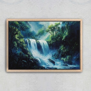 Waterfall Painting, Nature painting, Rushing waterfall, Mountain River, Mountain Lake