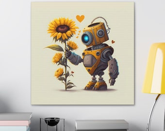 May include: A yellow robot with a blue eye holds a sunflower with a heart above its head. The sunflower has yellow petals and a brown center. The robot has a yellow body and gray arms and legs. The background is a light beige.