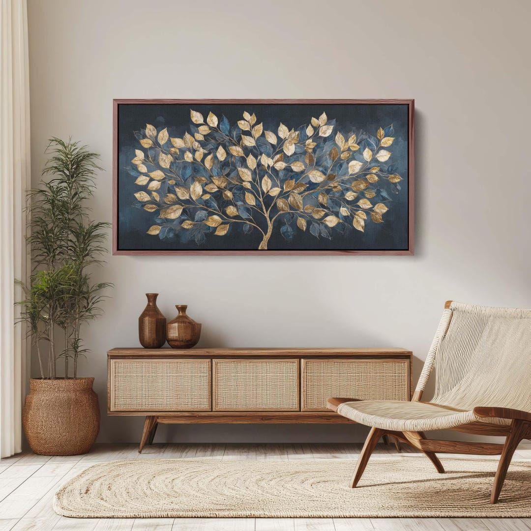 Ornate Gold and Blue Tree Canvas Print, Panoramic Nature Wall Art - Etsy