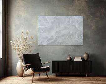 Minimalist White Feather Texture Canvas Print, Flowing Organic Wave Wall Art