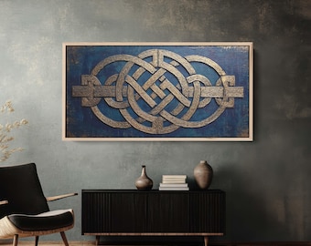 Viking Celtic Knot Canvas Print, Blue Gold Abstract Nordic Wall Decor