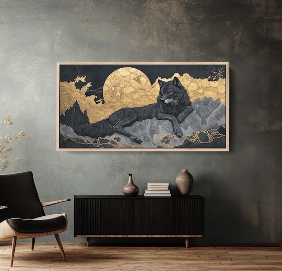 Lone Wolf Contemporary, Black and Gold Wolf, Wolf Moon