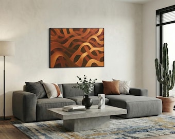 Warm Amber Intertwined Waves Canvas Print, Earthy Abstract Ribbon Wall Art