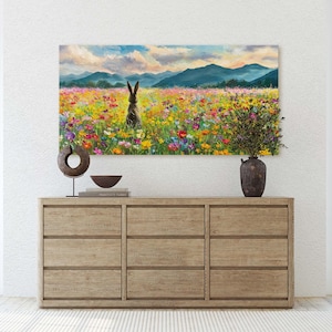 Wildflower Field Bunny Rabbit Mountain Landscape Canvas Print
