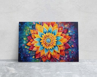 May include: A colorful abstract painting of a mandala with a blue, yellow, orange, and red color scheme. The mandala is surrounded by a dark blue background with white dots.