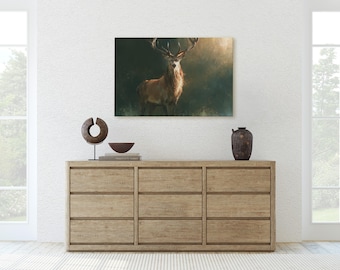 Majestic Stag in Sunlit Forest Canvas Print, Moody Woodland Deer Wall Art