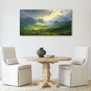 May include: A panoramic landscape painting featuring a valley with green hills and mountains in the background. The sky is cloudy with a bright light shining through the clouds.