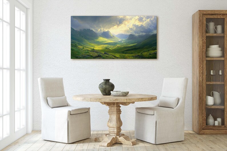 May include: A panoramic landscape painting featuring a valley with green hills and mountains in the background. The sky is cloudy with a bright light shining through the clouds.