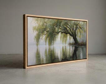 Moody Impressionist Willow Tree Over Lake, Dark Sage Green Nature Panoramic Wall Art