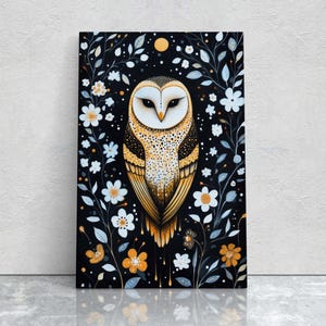 May include: A white and brown barn owl with yellow eyes is perched in a field of white and yellow flowers. The background is black with a moon and stars.