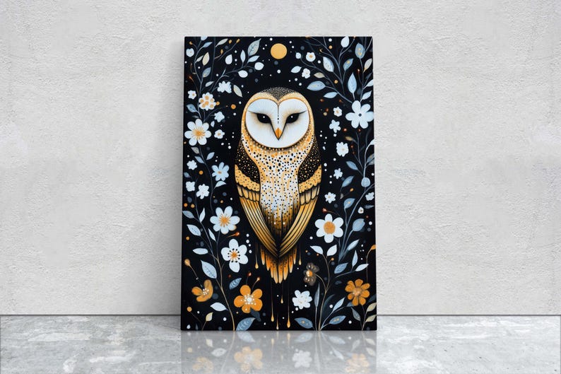 May include: A white and brown barn owl with yellow eyes is perched in a field of white and yellow flowers. The background is black with a moon and stars.
