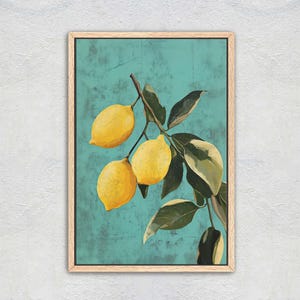 May include: A framed painting of a lemon tree branch with three yellow lemons against a teal blue background.