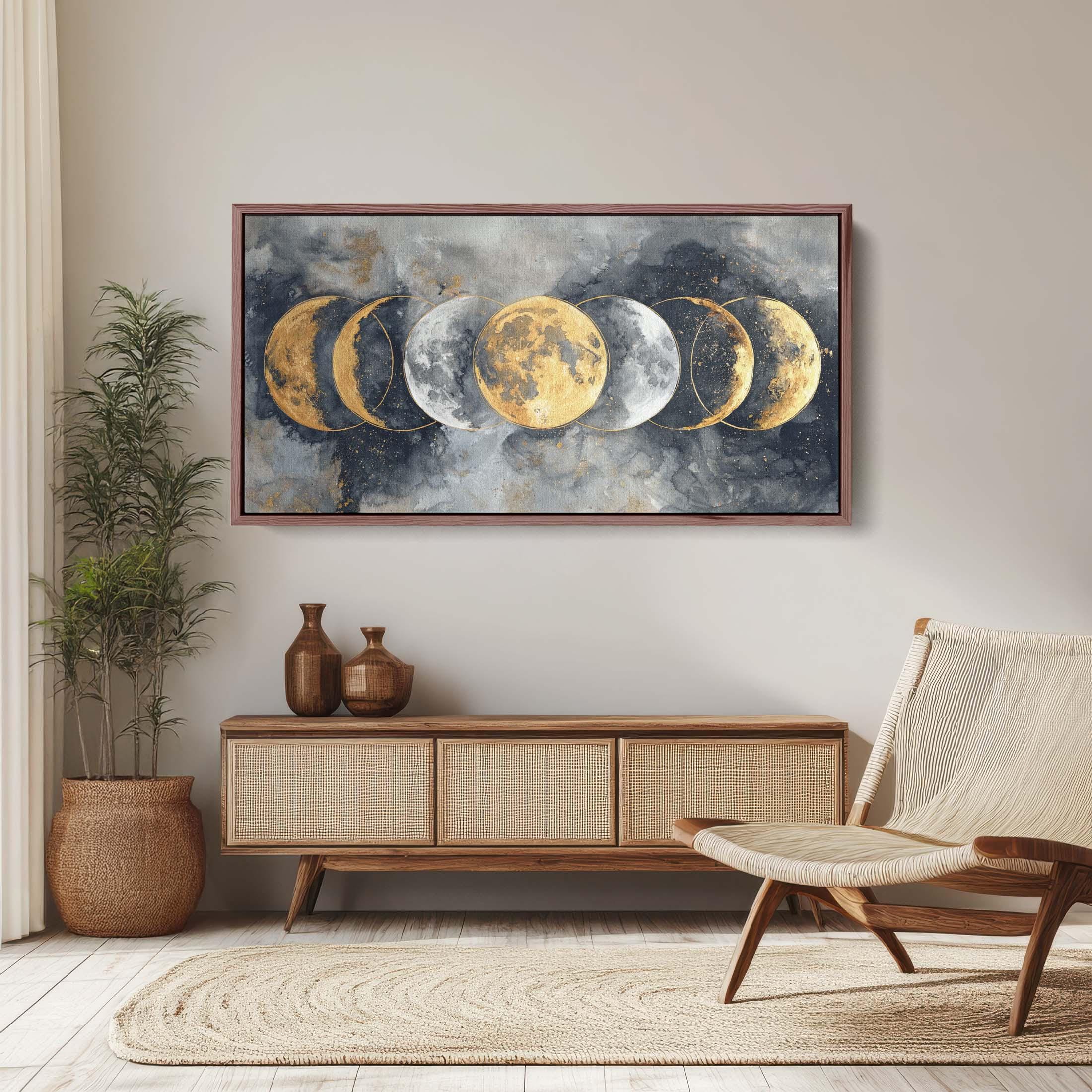Blue Grey Moon Phases Canvas Print, Abstract Celestial Art, Gold Accent ...