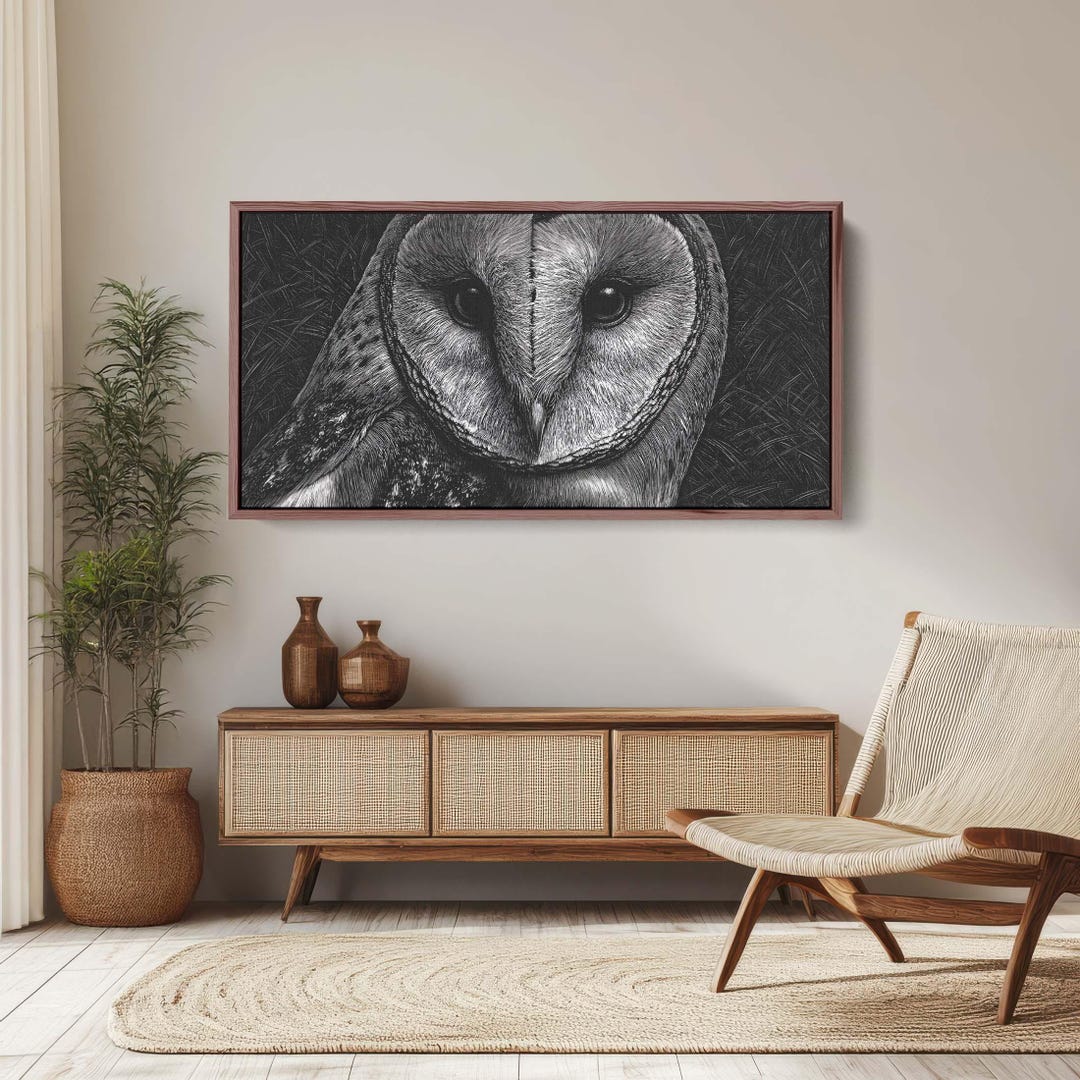 Black and White Owl Canvas Print, Scratchboard Style Barn Owl Art ...