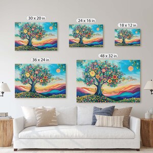 May include: A colorful painting of a tree with flowers in a landscape setting. The tree is surrounded by a field of flowers and a blue sky with clouds. The painting is available in various sizes, including 18x12 inches, 24x16 inches, 30x20 inches, 36x24 inches, and 48x32 inches.