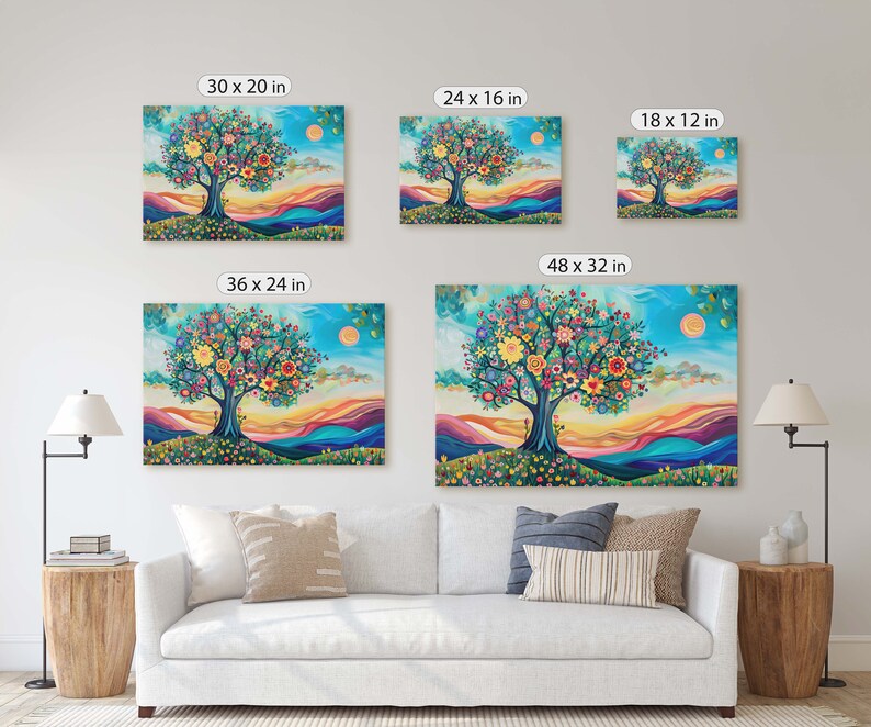 May include: A colorful painting of a tree with flowers in a landscape setting. The tree is surrounded by a field of flowers and a blue sky with clouds. The painting is available in various sizes, including 18x12 inches, 24x16 inches, 30x20 inches, 36x24 inches, and 48x32 inches.