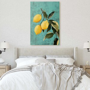 May include: A painting of a lemon tree branch with three ripe lemons hanging from it. The lemons are yellow and the leaves are green. The background is a light blue color.