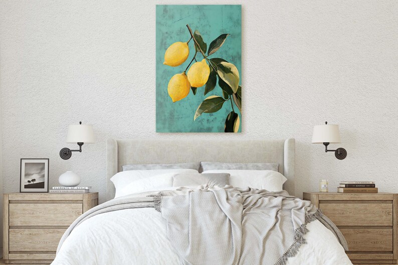 May include: A painting of a lemon tree branch with three ripe lemons hanging from it. The lemons are yellow and the leaves are green. The background is a light blue color.