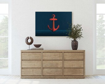 Minimalist Red Anchor Canvas Print Graphic Marine Navy Blue Wall Art