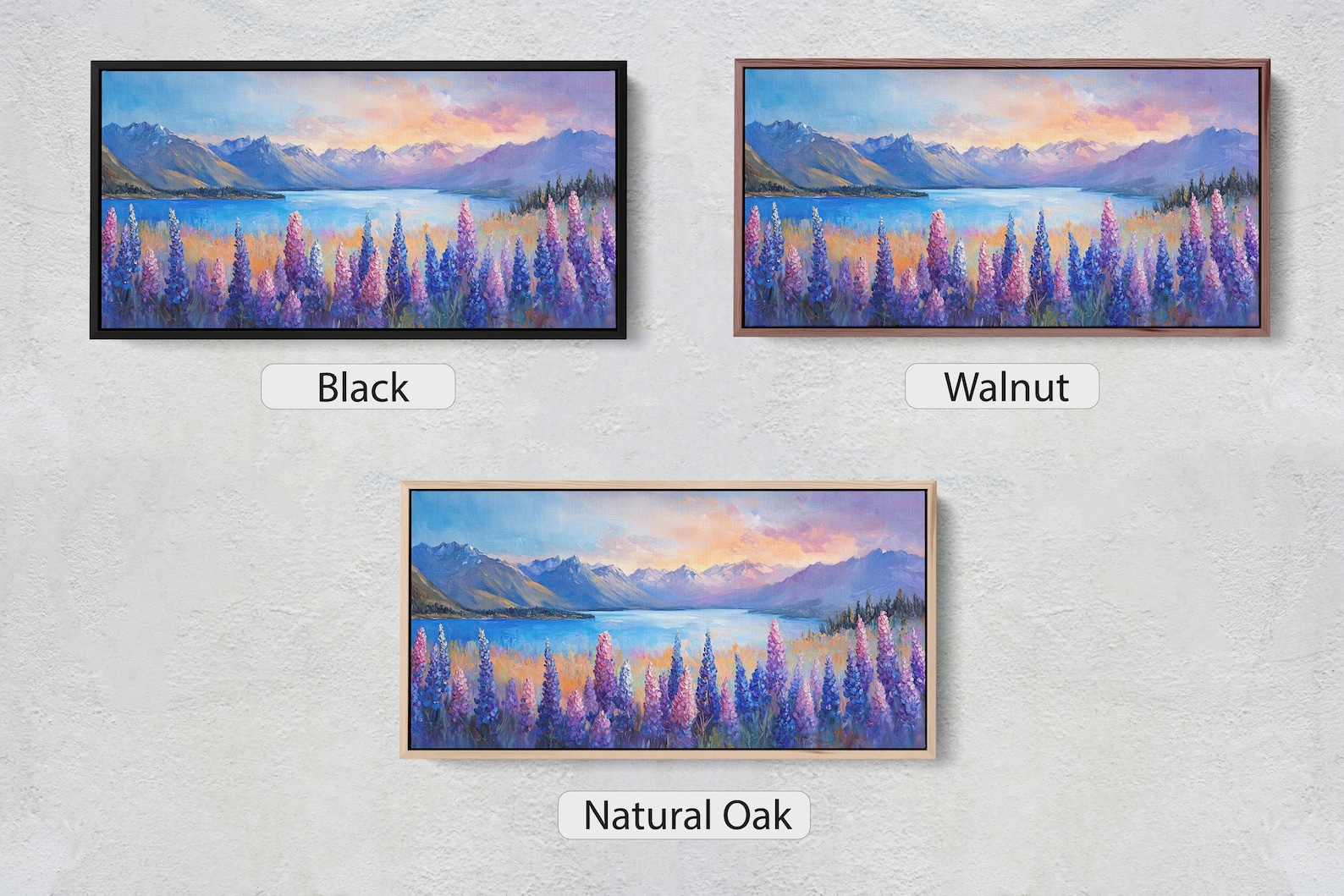 Lake Tekapo Painting, New Zealand Art, Wildflower Lake, Mountain Lake - 16"x32", Walnut Frame