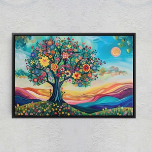 May include: A colorful painting of a tree with a large, full canopy of flowers in shades of pink, yellow, red, orange, and blue. The tree is set against a background of a blue sky with clouds and a yellow sun. The landscape below the tree is a series of colorful hills in shades of blue, green, and purple.