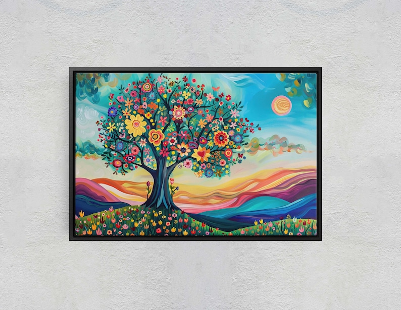 May include: A colorful painting of a tree with a large, full canopy of flowers in shades of pink, yellow, red, orange, and blue. The tree is set against a background of a blue sky with clouds and a yellow sun. The landscape below the tree is a series of colorful hills in shades of blue, green, and purple.