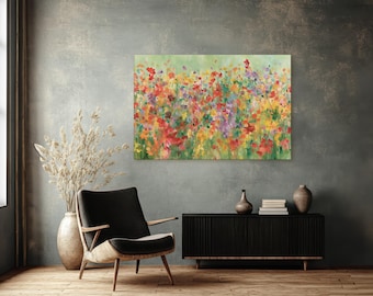 Abstract Poppy Field Canvas Print, Vibrant Floral Meadow Impressionist Art