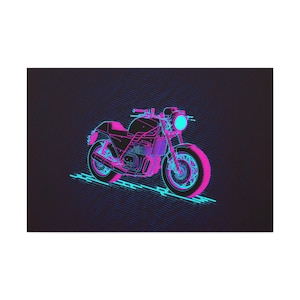 Motorcycle Pixel Art Canvas Art Ready To Hang Large Print, Man Cave, Video Game, Retro, Synthwave, Neon