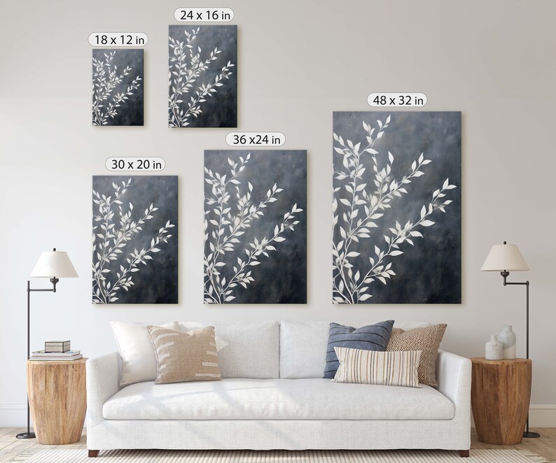 May include: A set of five framed prints featuring a white floral design on a dark blue background. The prints are available in various sizes, including 18x12 inches, 24x16 inches, 30x20 inches, 36x24 inches, and 48x32 inches.