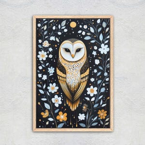 Barn Owl, Folk Art, Celestial Art,  Framed Canvas, Nature Print, Whimsical, Cottagecore