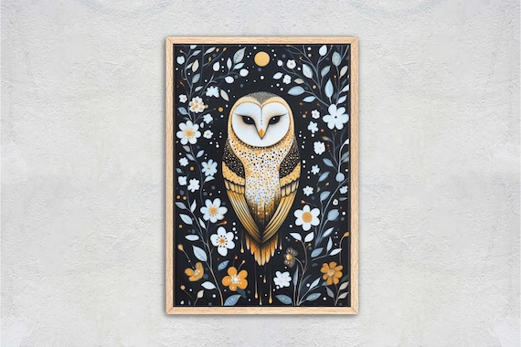 Barn Owl, Folk Art, Celestial Art,  Framed Canvas, Nature Print, Whimsical, Cottagecore