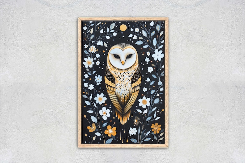 May include: A framed illustration of a barn owl with yellow and brown feathers, perched in a field of white flowers on a black background.