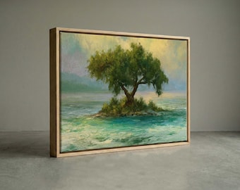 Serene Lake Island Canvas Print Impressionist Tree Landscape Wall Art