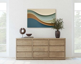 Teal Desert Wavy Landscape Canvas Print, Mid Century Abstract Nature Art