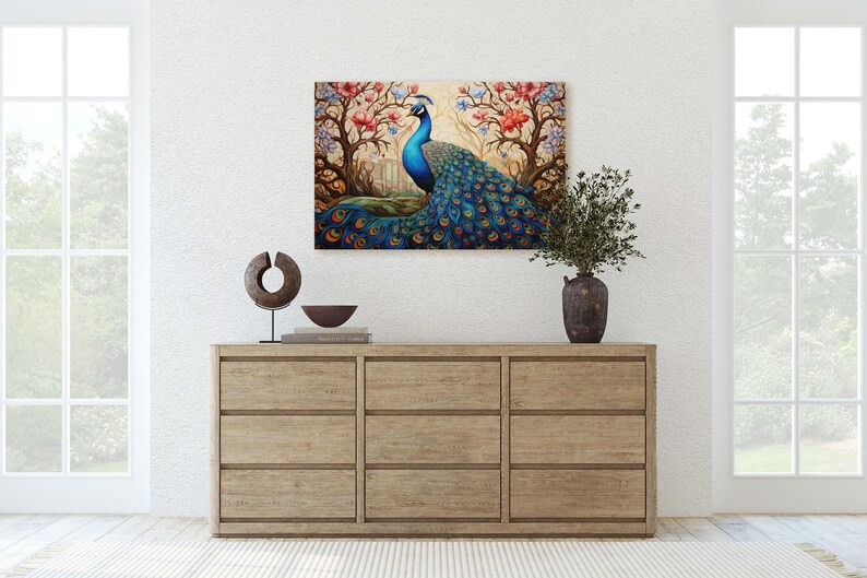 Peacock Painting, Colorful Art, Vibrant Decor, Peacock Wall Art, Framed Canvas image 6