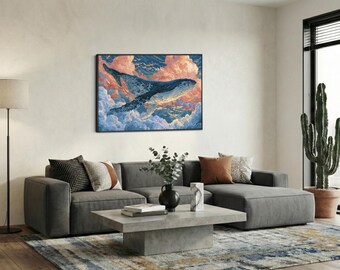 Flying Whale Canvas Print, Surreal Cosmic Ocean Sky Cloudscape Wall Art