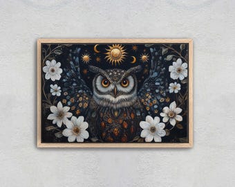Owl Celestial, Folk Art, Celestial Art,  Framed Canvas, Nature Print, Whimsical, Cottagecore