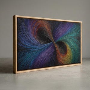 May include: A rectangular wall art piece featuring a vibrant, swirling abstract pattern of blue, purple, green, and orange threads on a black background, encased in a light-colored wooden frame that provides a clean, structured border.