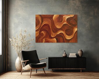 Earth Tone Fluid Swirl Canvas Print, Abstract Brown Caramel Wave Art