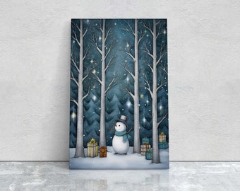 Snowman Presents Forest, Illustration Style, Snowy Forest, Snow Presents, Framed Canvas, Christmas Decor, Large Print, Winter Decor