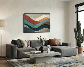 Layered Earth Tone Flow Canvas Print, Retro Boho Wavy Wall Art Decor