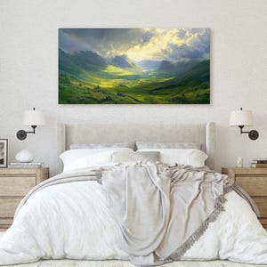 May include: A panoramic landscape photograph of a valley with rolling green hills and mountains in the distance. The sky is cloudy with a bright light shining through the clouds.