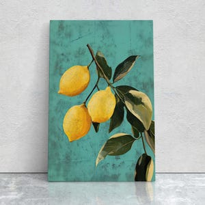 May include: A painting of a lemon tree branch with three lemons on a teal background. The lemons are yellow and the leaves are green.
