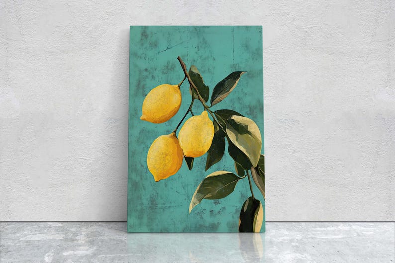 May include: A painting of a lemon tree branch with three lemons on a teal background. The lemons are yellow and the leaves are green.