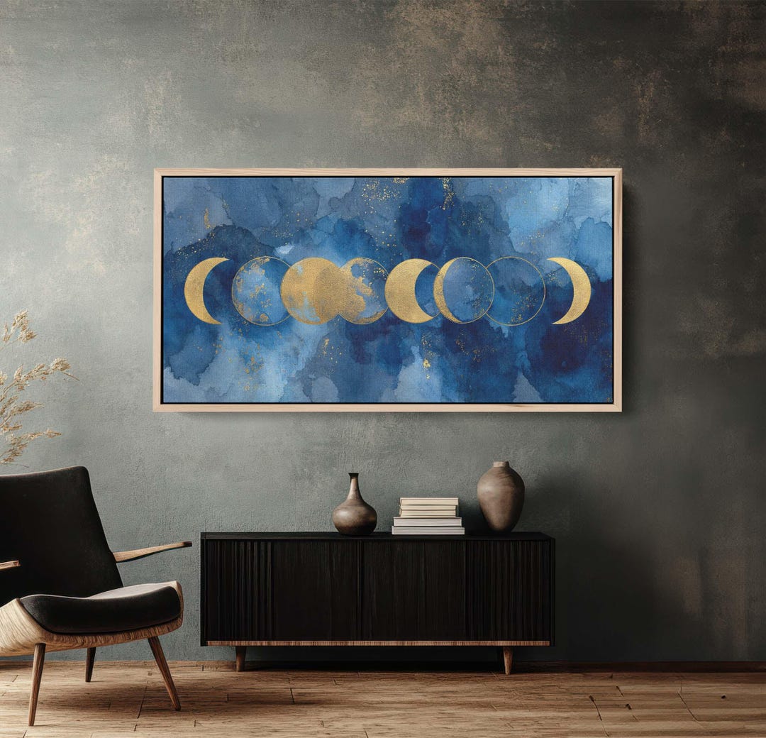 Blue and Gold Moon Phases Canvas Print, Celestial Watercolor Lunar Art ...