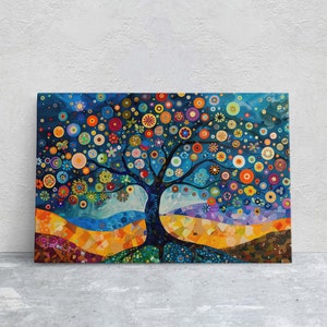 May include: A colorful abstract painting of a tree with a blue background. The tree is decorated with many colorful circles and flowers. The tree is rooted in a field of colorful geometric shapes.