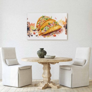 May include: Three watercolor tacos with fillings of lettuce, tomato, and cheese on a white background with watercolor splatters.